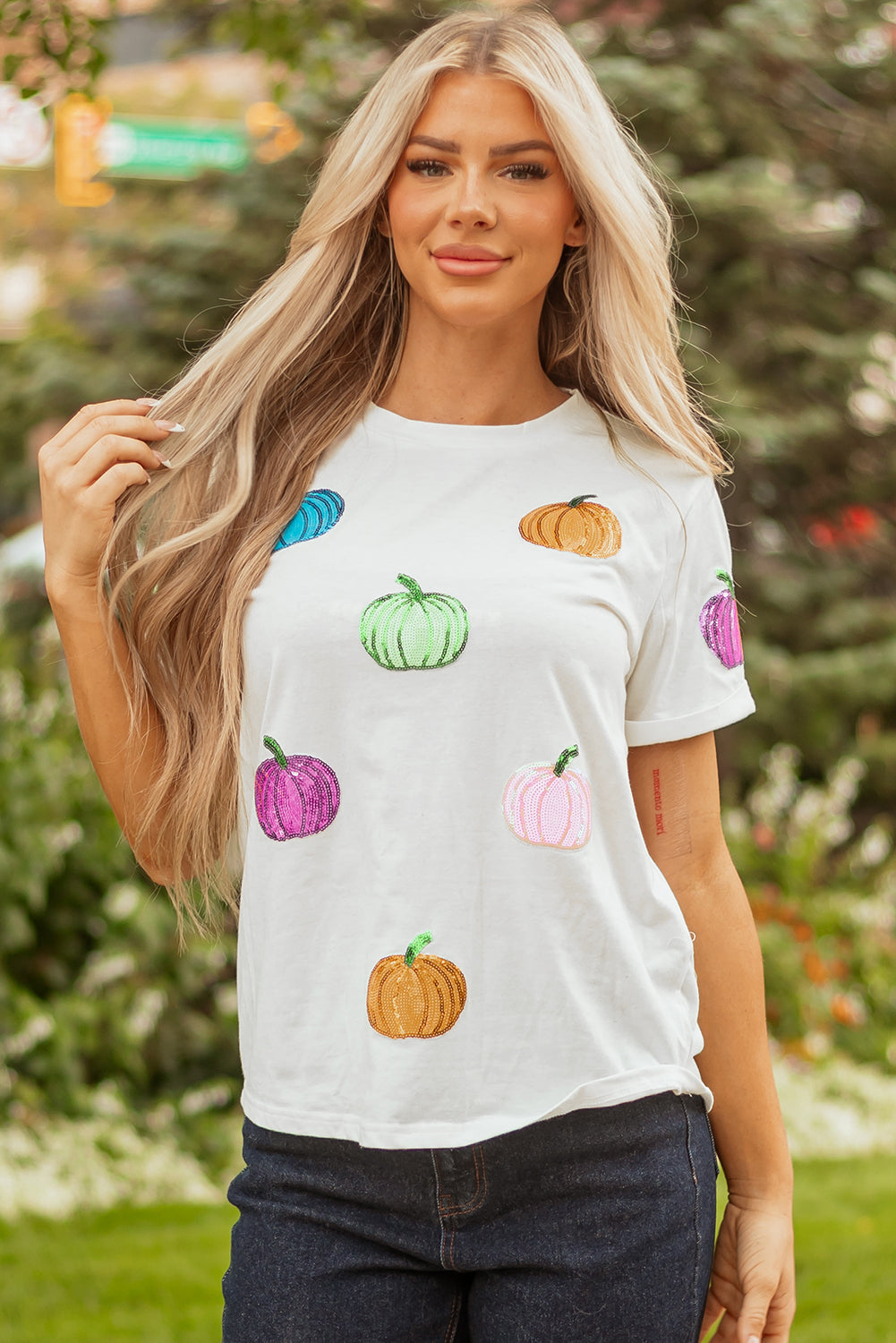 White Sequin Pumpkin Patched Cotton Blend T Shirt-Graphic/Graphic Tees-[Adult]-[Female]-2022 Online Blue Zone Planet
