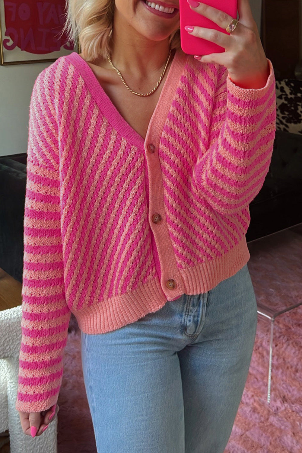 Pink Striped Buttoned V Neck Drop Shoulder Cardigan-Sweaters & Cardigans/Cardigans-[Adult]-[Female]-Pink-S-2022 Online Blue Zone Planet