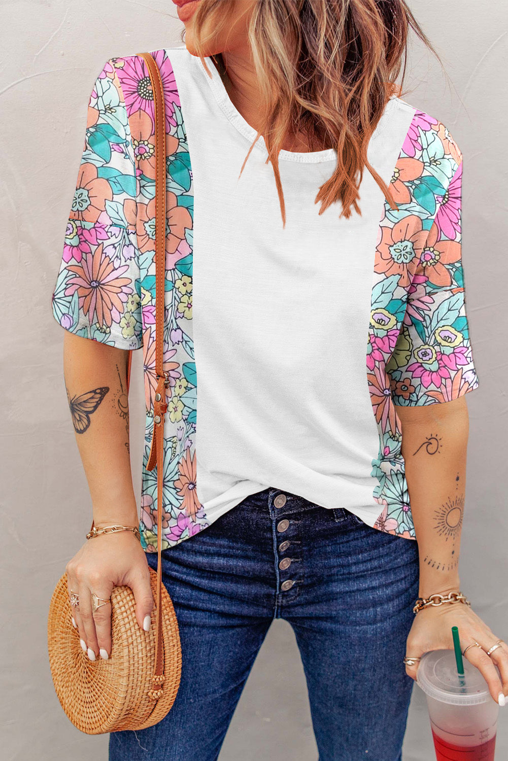 White Floral Print Patchwork Short Sleeve Top-Tops/Tops & Tees-[Adult]-[Female]-2022 Online Blue Zone Planet