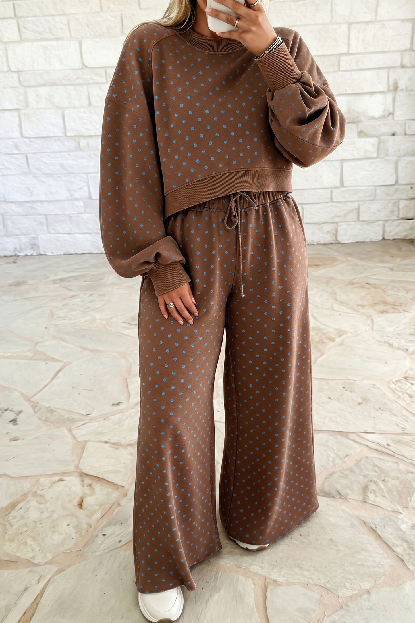 Brown Polka Dot Round Neck Long Sleeve Plus Size Set-Plus Size/Plus Size Loungewear-[Adult]-[Female]-Brown-1X-2022 Online Blue Zone Planet