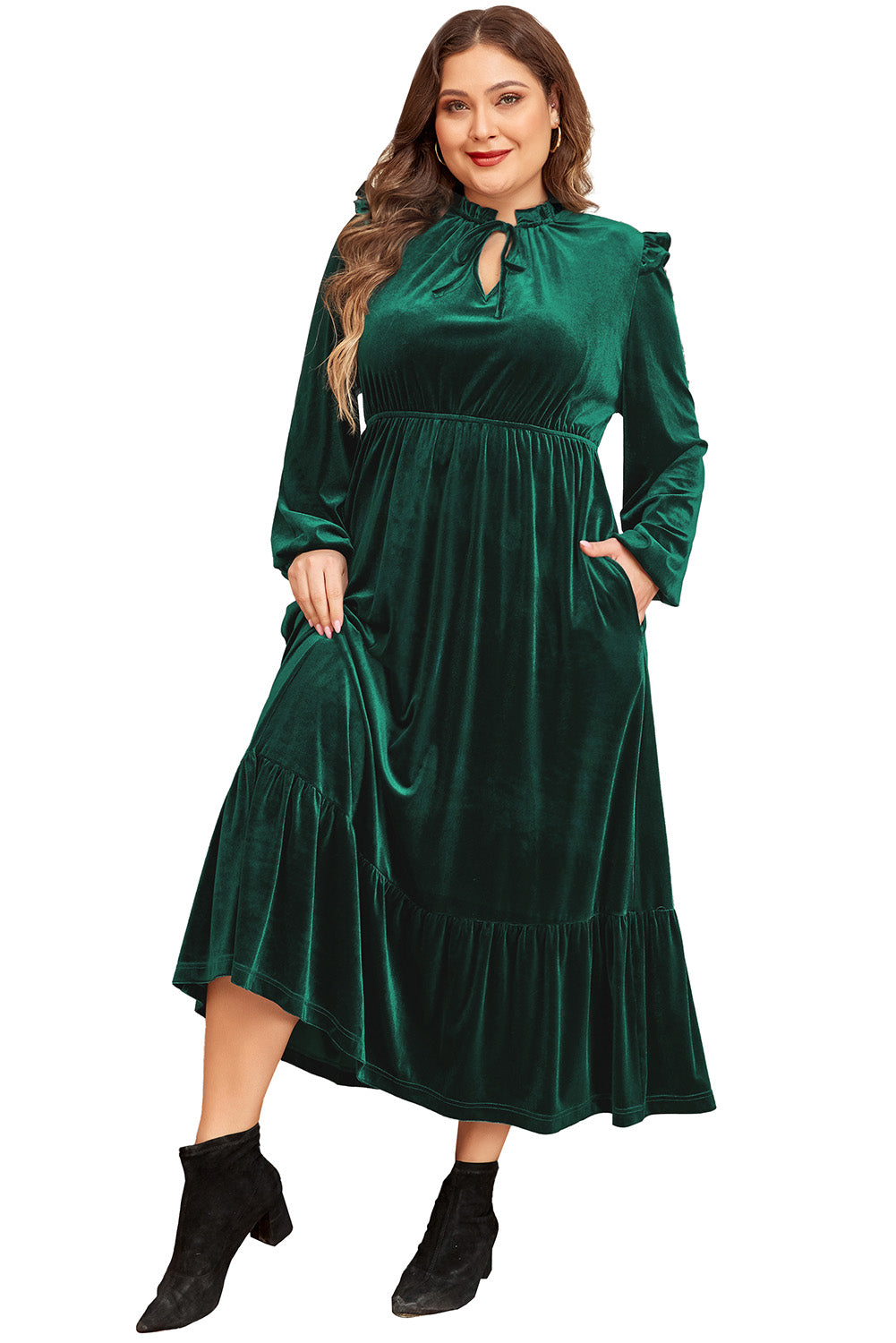 Blue Zone Planet | Blackish Green Velvet Frilled up Neck Ruffled High Waist Plus Size Midi Dress-TOPS / DRESSES-[Adult]-[Female]-2022 Online Blue Zone Planet