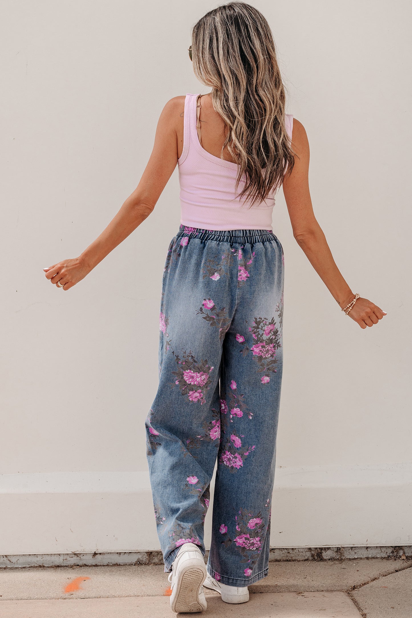Beau Blue Floral Print Elastic Waist Pull On Casual Jeans-Bottoms/Jeans-[Adult]-[Female]-2022 Online Blue Zone Planet
