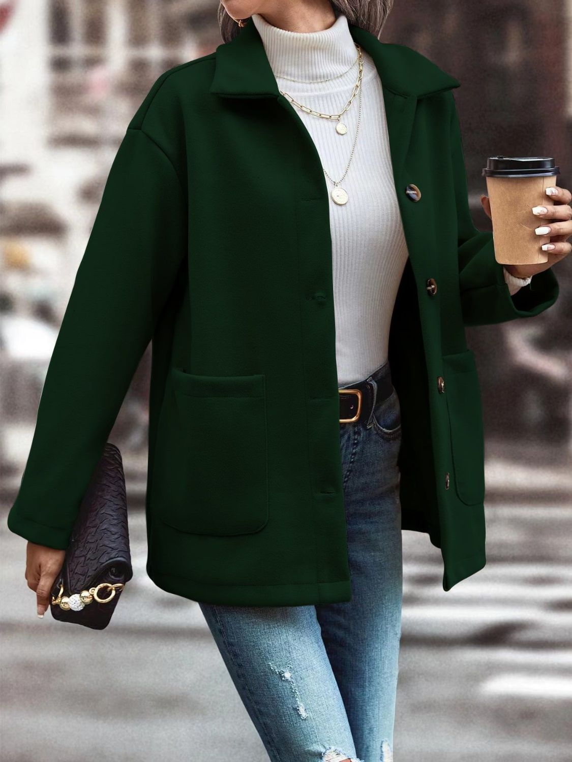 Pocketed Collared Neck Button Up Jacket-TOPS / DRESSES-[Adult]-[Female]-2022 Online Blue Zone Planet