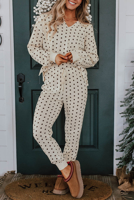 White Polka Dot Print Notched Neck Long Sleeve Top Drawstring Jogger Pants Waffle Knit Lounge Set-Loungewear & Sleepwear/Loungewear-[Adult]-[Female]-White-S-2022 Online Blue Zone Planet