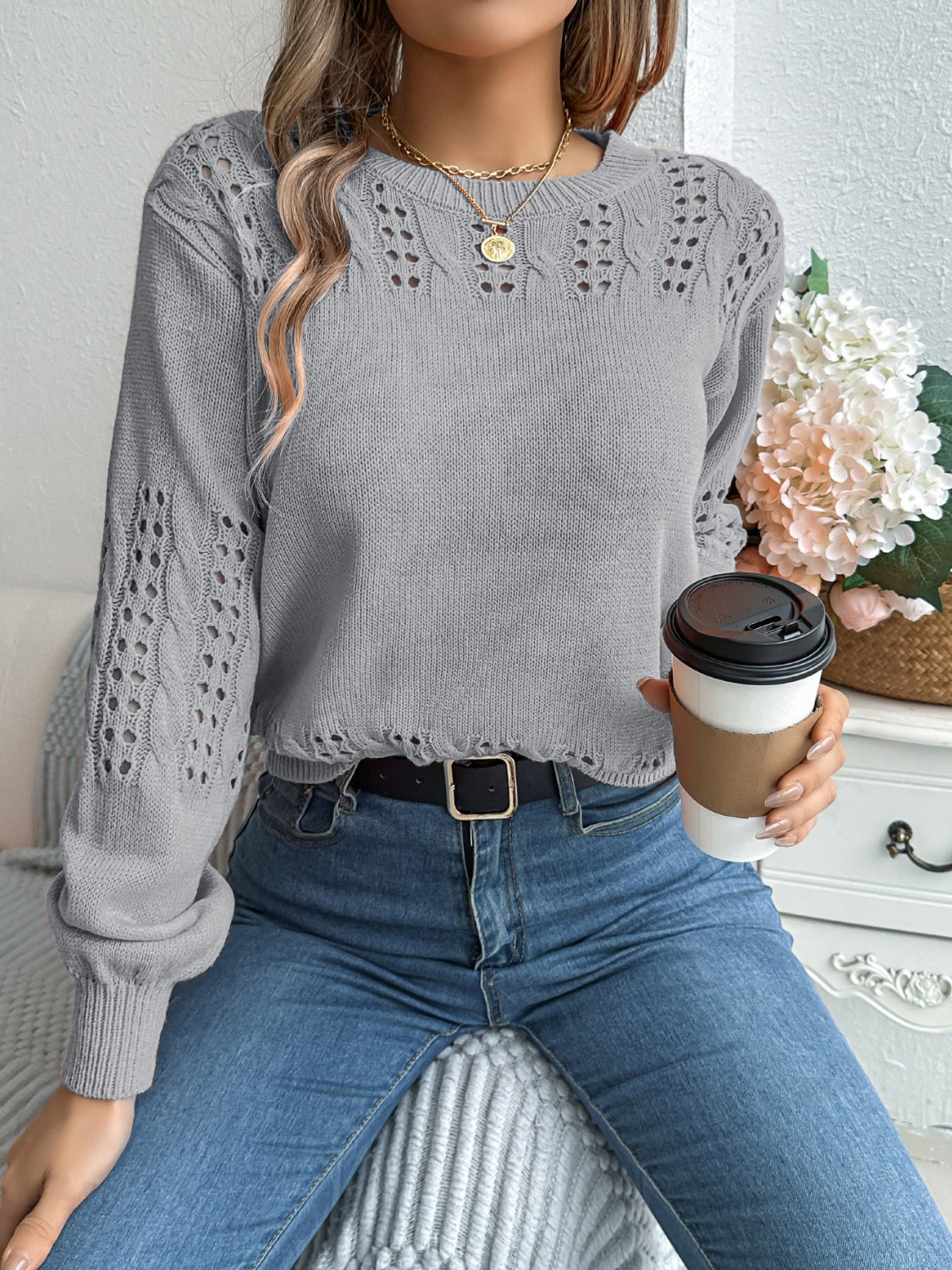 Openwork Round Neck Long Sleeve Sweater-TOPS / DRESSES-[Adult]-[Female]-2022 Online Blue Zone Planet