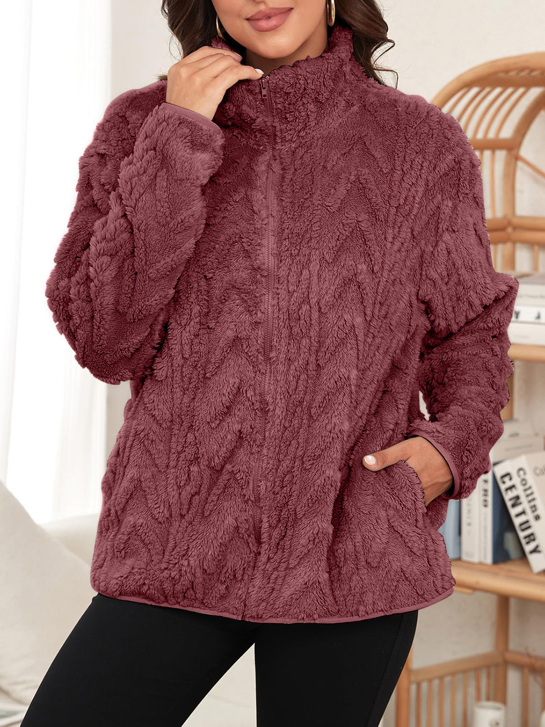 Fuzzy Zip Up Long Sleeve Jacket-TOPS / DRESSES-[Adult]-[Female]-Burgundy-S-2022 Online Blue Zone Planet