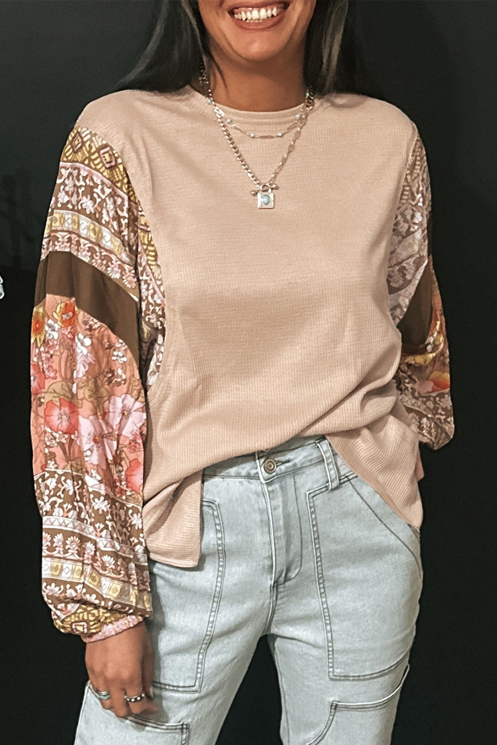 Parchment Contrast Floral Patchwork Puff Sleeve Waffle Knit Top-Tops/Long Sleeve Tops-[Adult]-[Female]-Parchment-S-2022 Online Blue Zone Planet