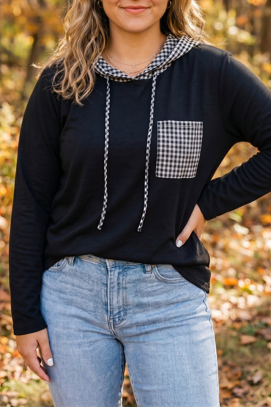 Black Hooded Gingham Paneling Chest Patch Pocket Long Sleeve Plus Size Blouse-Tops / Dresses-[Adult]-[Female]-Black-1X-2022 Online Blue Zone Planet