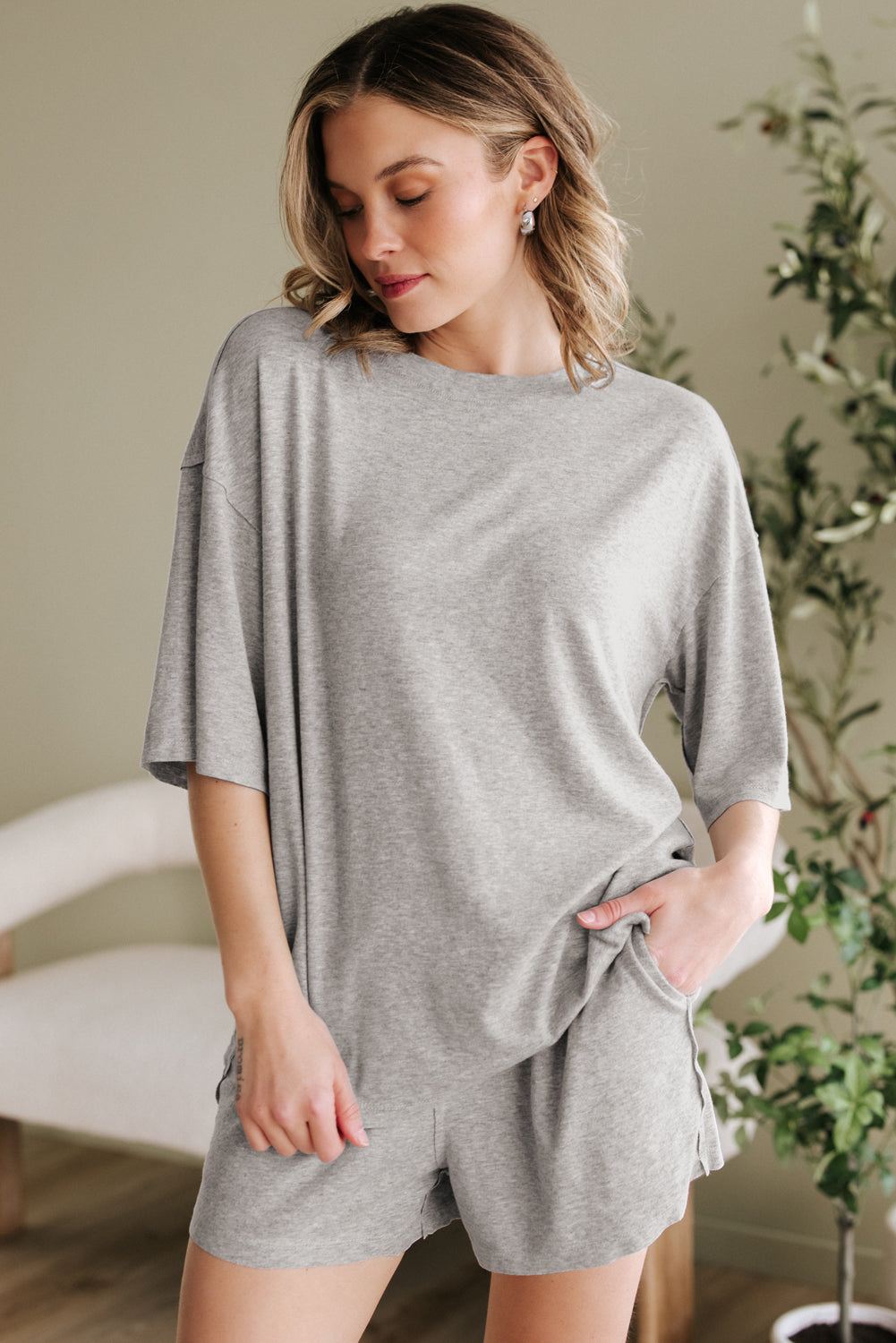 Gray Solid Color Loose Tee 2 Piece Shorts Set-Two Piece Sets/Short Sets-[Adult]-[Female]-2022 Online Blue Zone Planet