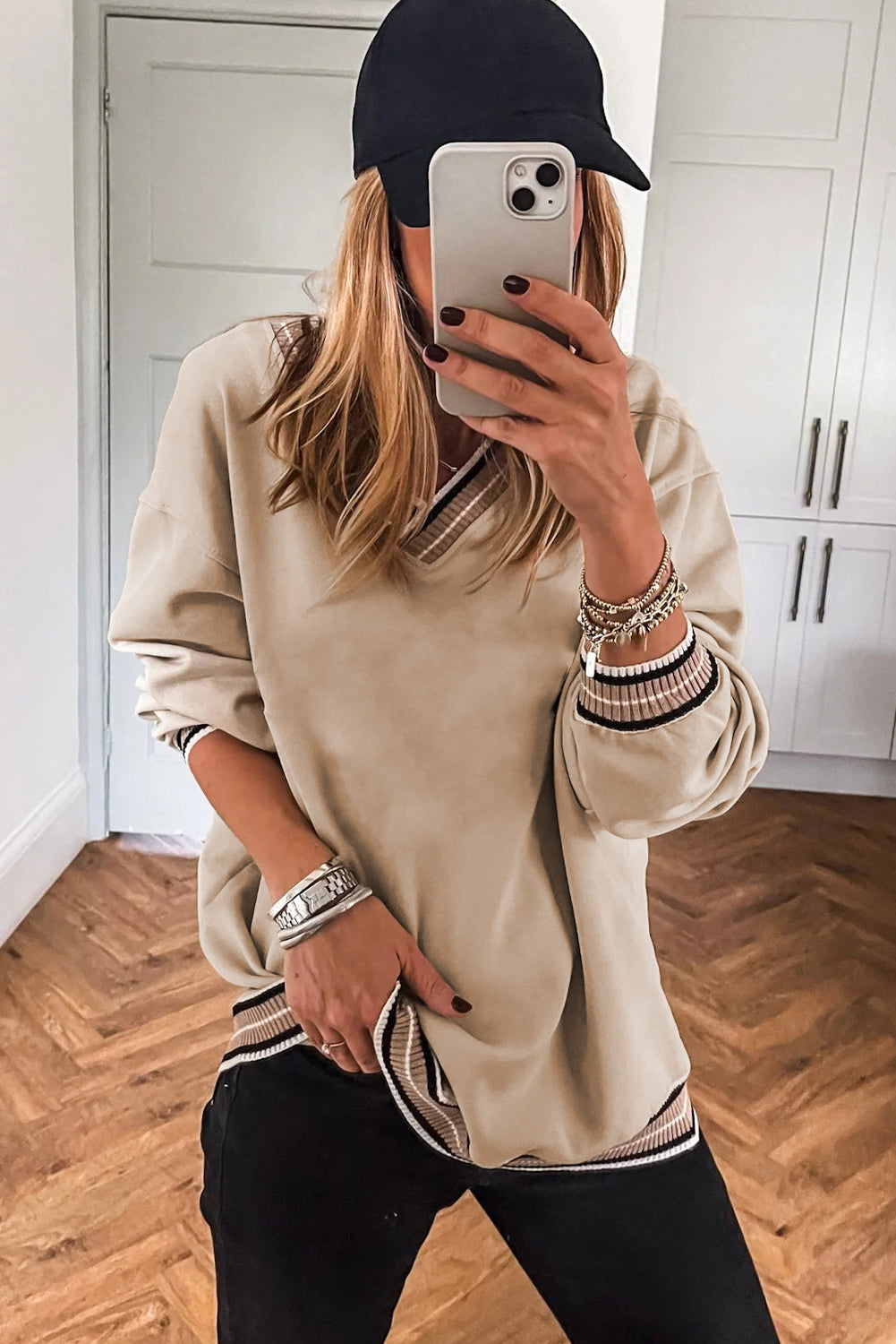 Parchment Varsity Contrast Striped Trim V Neck Sweatshirt-Tops/Sweatshirts & Hoodies-[Adult]-[Female]-2022 Online Blue Zone Planet