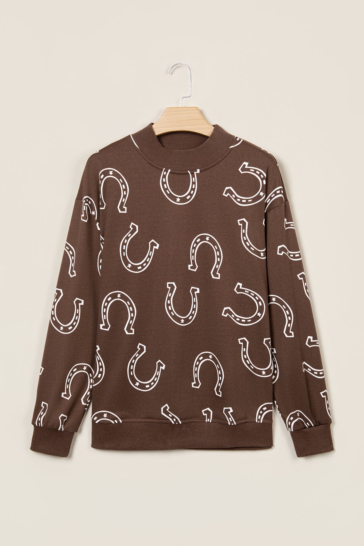 Blue Western Horseshoe Print Mock Neck Casual Pullover Sweatshirt-Tops/Sweatshirts & Hoodies-[Adult]-[Female]-2022 Online Blue Zone Planet