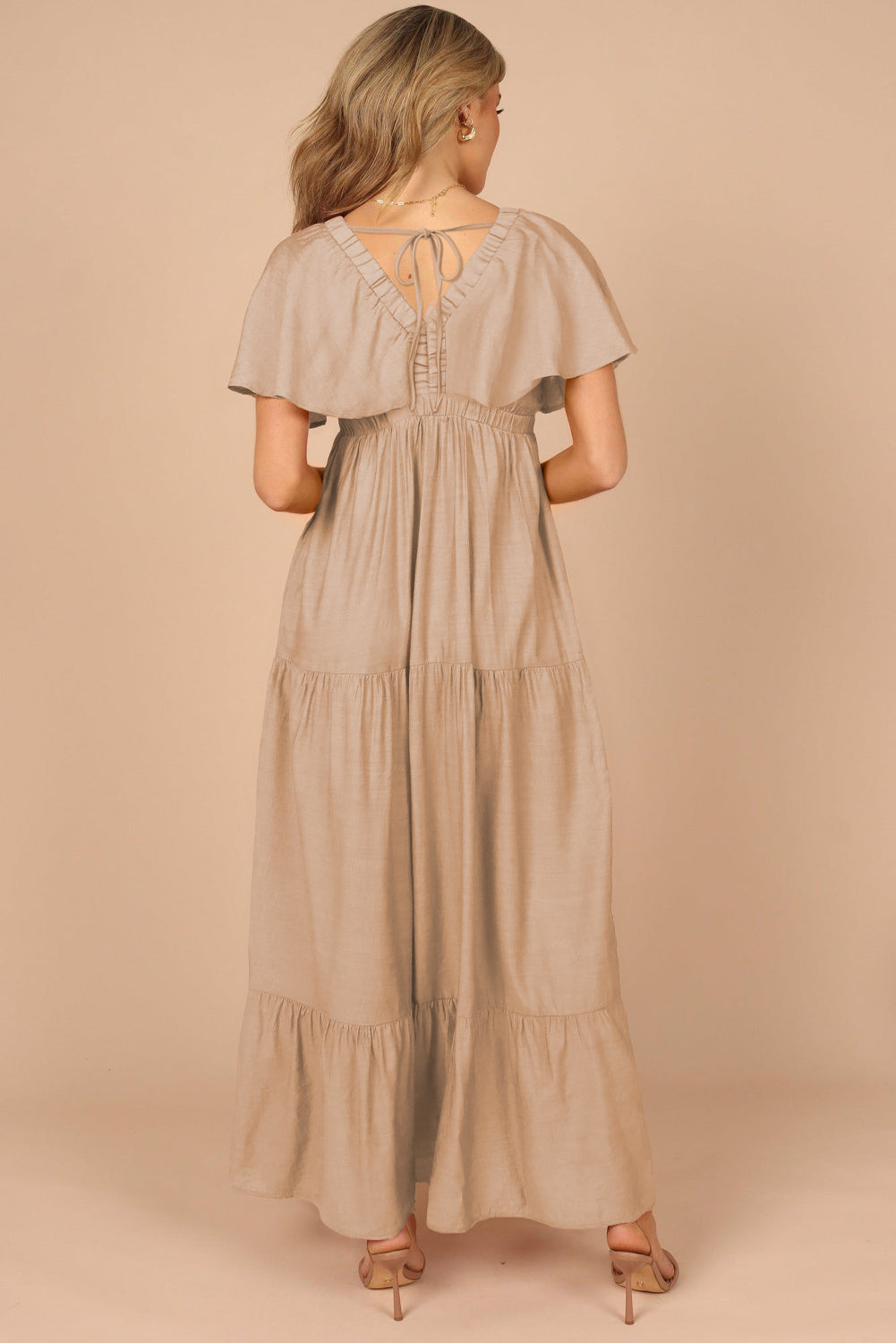 Parchment Textured V Neck Flutter Sleeve Ruffled Maxi Dress-Dresses/Maxi Dresses-[Adult]-[Female]-2022 Online Blue Zone Planet
