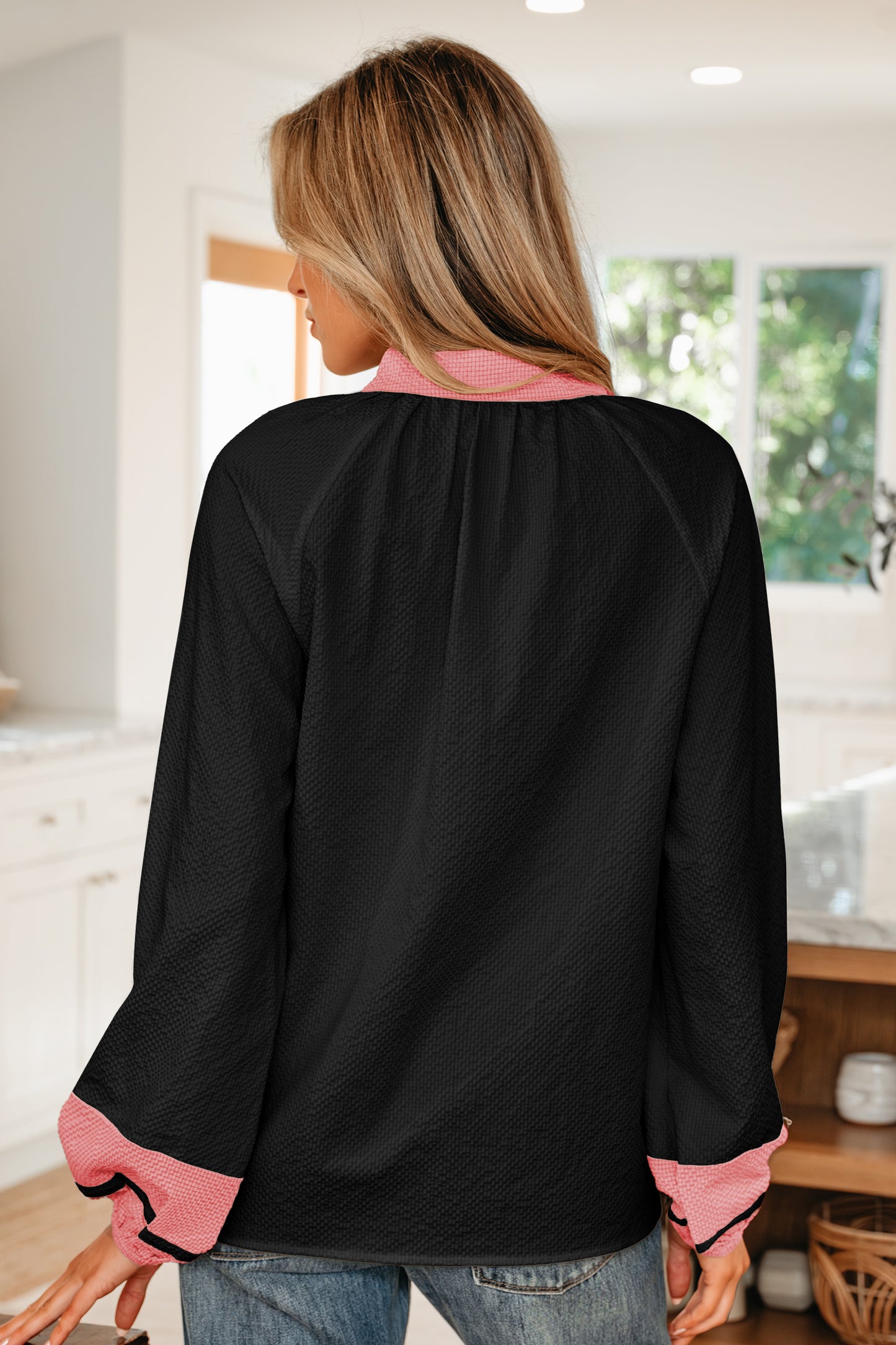 Black Color Block Patchwork Detail V Neck Textured Long Sleeve Blouse-Tops/Blouses & Shirts-[Adult]-[Female]-2022 Online Blue Zone Planet