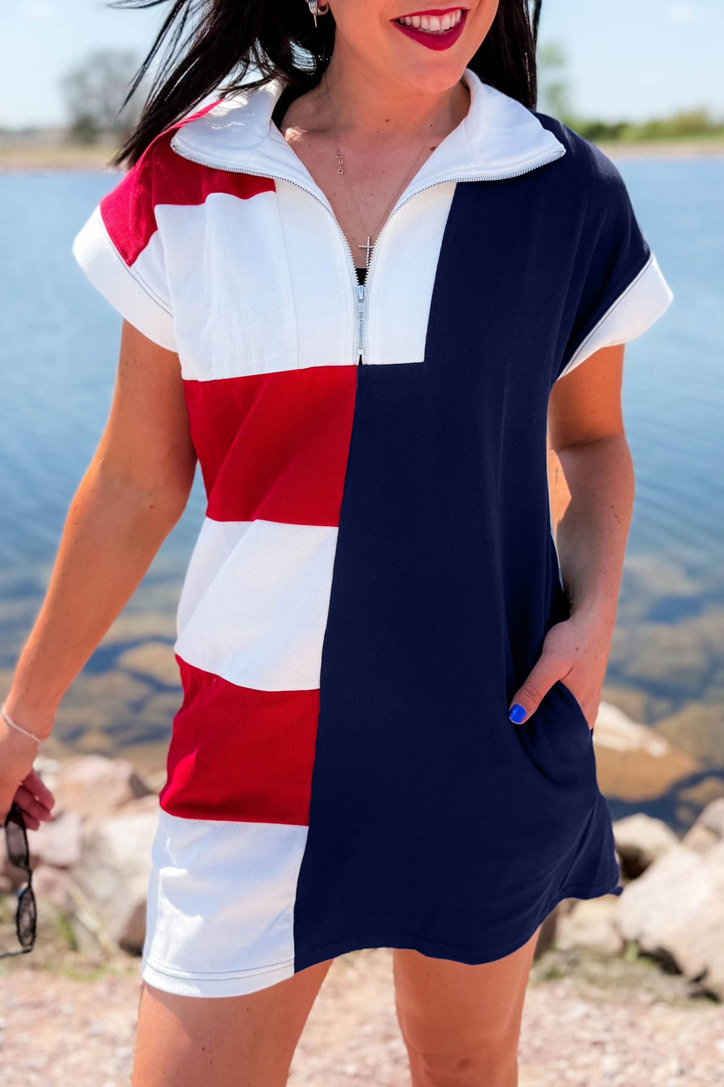 Navy Blue Americana Colorblock Stripes Zip up Collared T Shirt Mini Dress-TOPS / DRESSES-[Adult]-[Female]-Navy Blue-S-2022 Online Blue Zone Planet