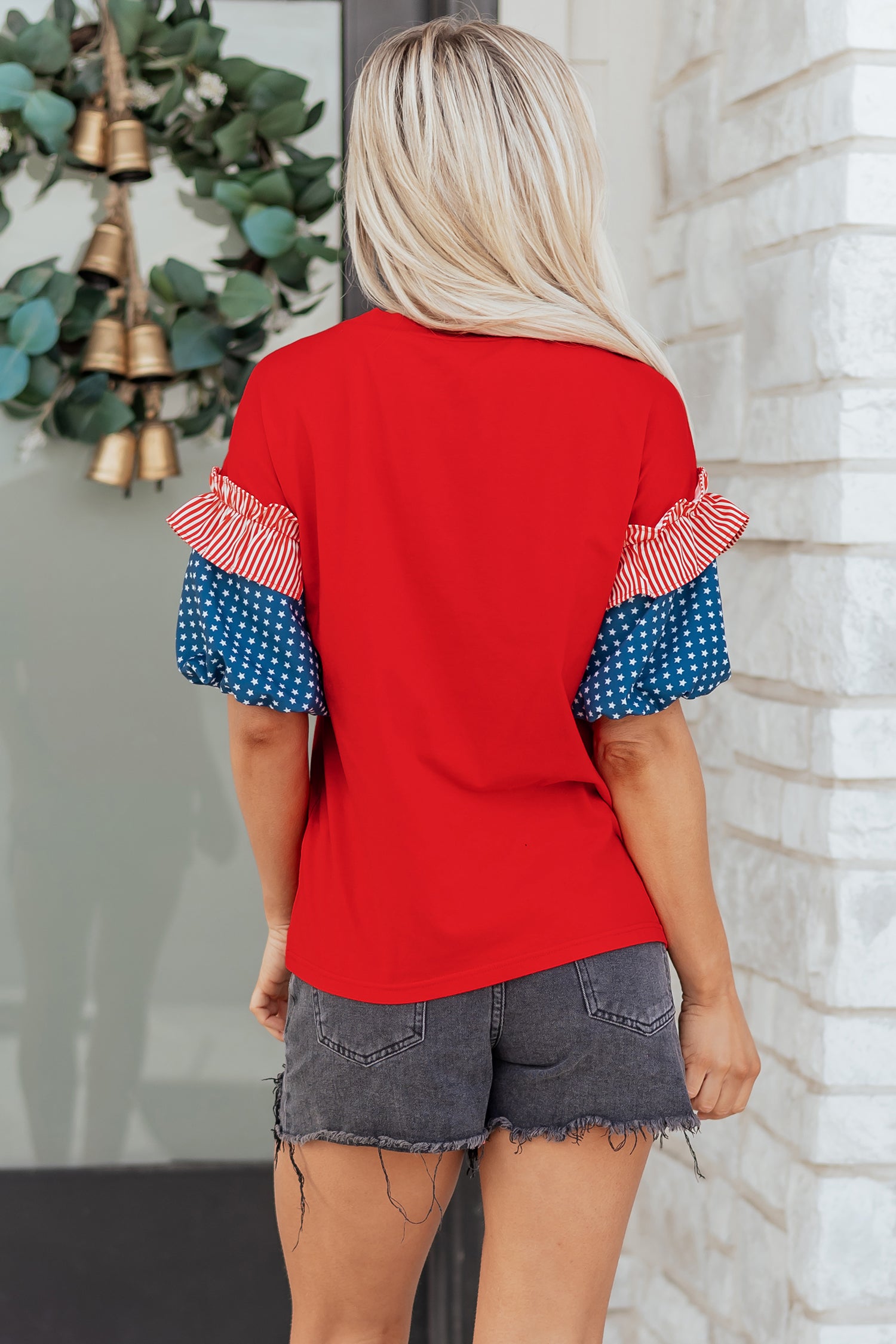 Fiery Red Stars Stripes Short Puff Sleeve Top-Tops/Tops & Tees-[Adult]-[Female]-2022 Online Blue Zone Planet