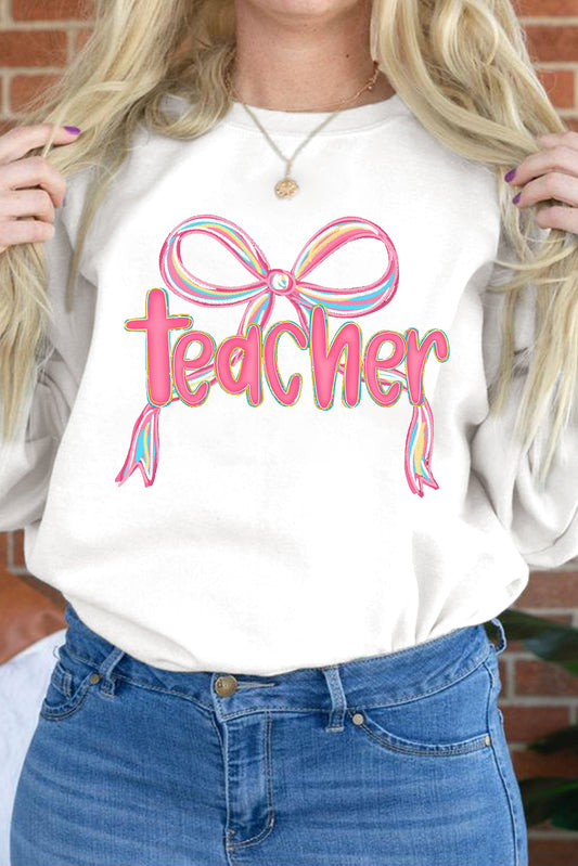 White Teacher Bow Png Graphic Pullover Sweatshirt-Graphic/Graphic Sweatshirts-[Adult]-[Female]-White-S-2022 Online Blue Zone Planet