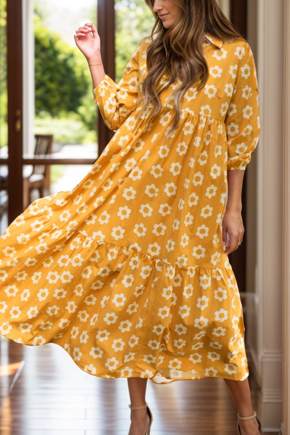 Floral Collared Neck Three-Quarter Sleeve Dress Gold / L