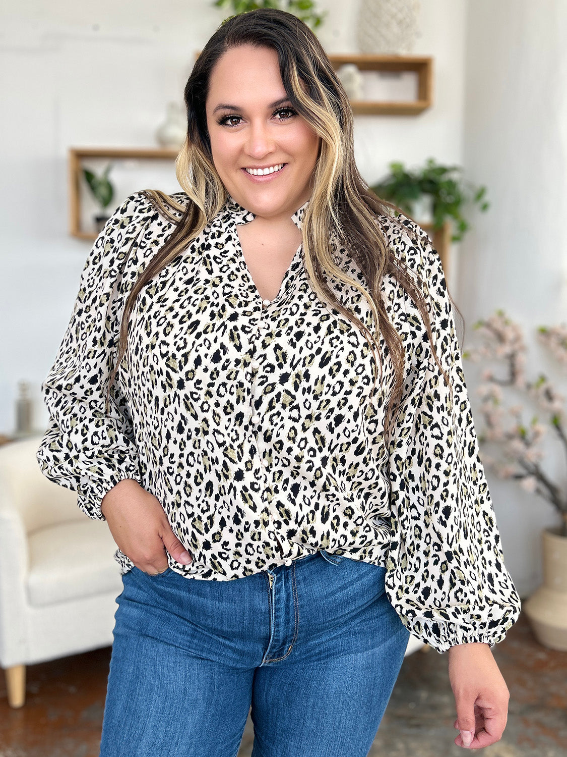 Blue Zone Planet | Double Take Full Size Leopard Long Sleeve Blouse-TOPS / DRESSES-[Adult]-[Female]-2022 Online Blue Zone Planet