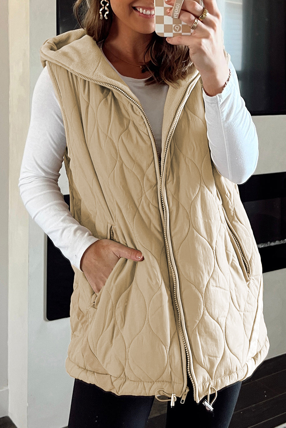 Pale Khaki Quilted Padded Casual Winter Jacket Vest with Fleece Lining-TOPS / DRESSES-[Adult]-[Female]-Pale Khaki-S-2022 Online Blue Zone Planet