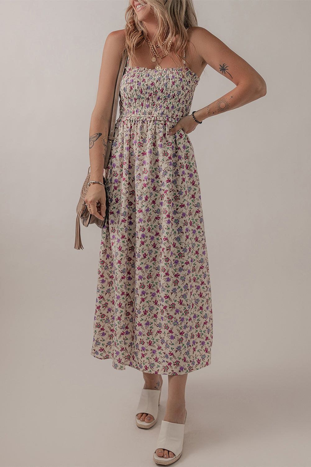 Multicolour Bohemian Ditsy Floral Smocked Fit Flare Sundress-TOPS / DRESSES-[Adult]-[Female]-Multicolour-S-2022 Online Blue Zone Planet