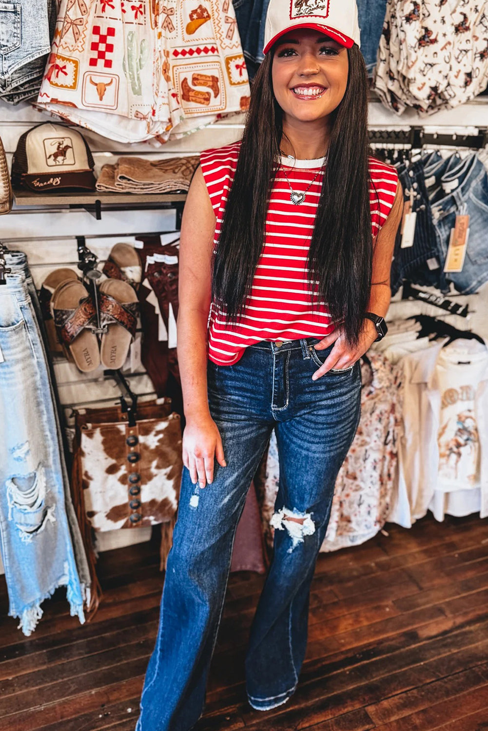 Red Stripe Ribbed Round Neck Trim Loose Tank Top-Tops/Tank Tops-[Adult]-[Female]-2022 Online Blue Zone Planet