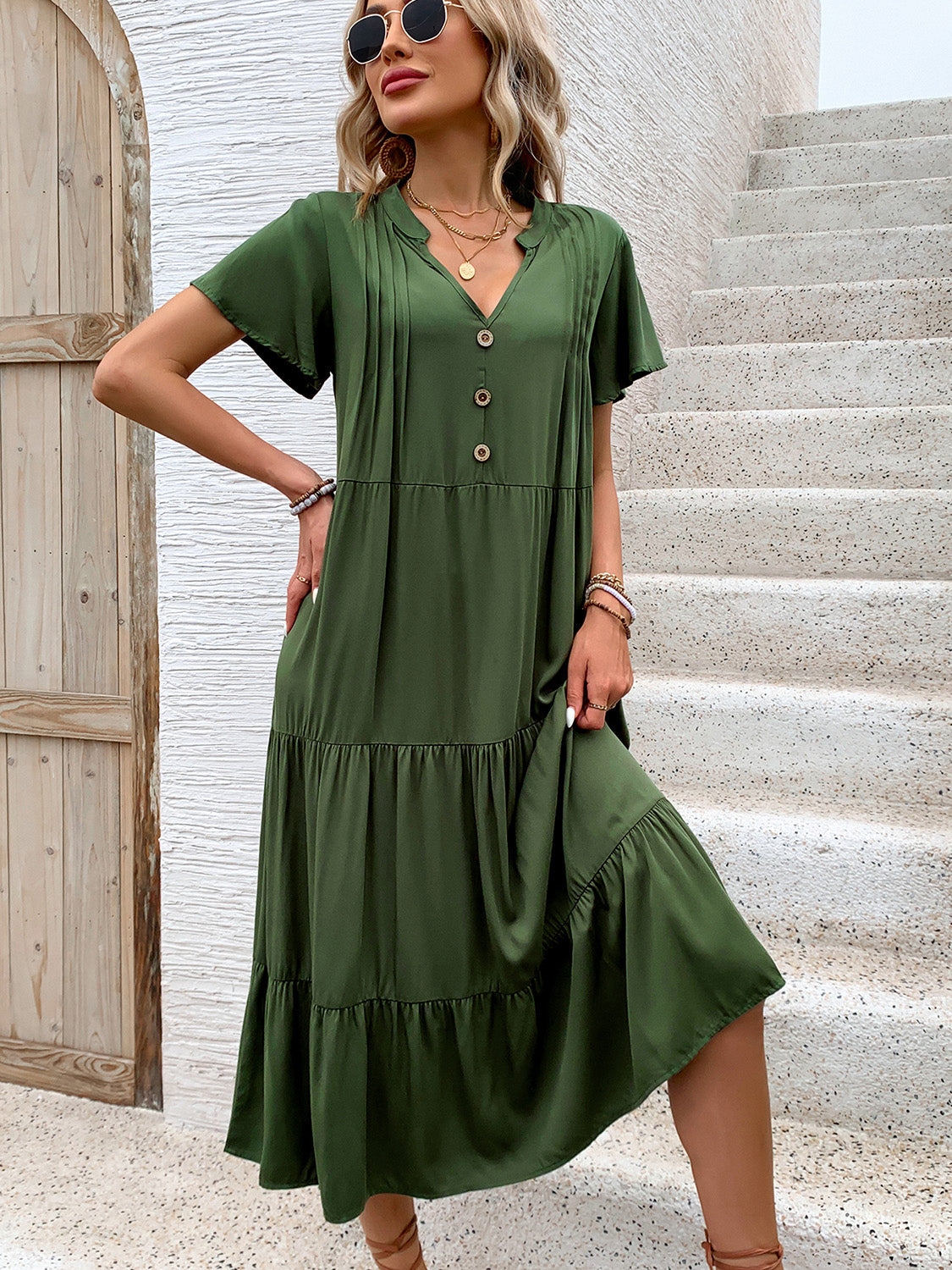 Tiered Notched Short Sleeve Midi Dress-TOPS / DRESSES-[Adult]-[Female]-Dark Green-S-2022 Online Blue Zone Planet