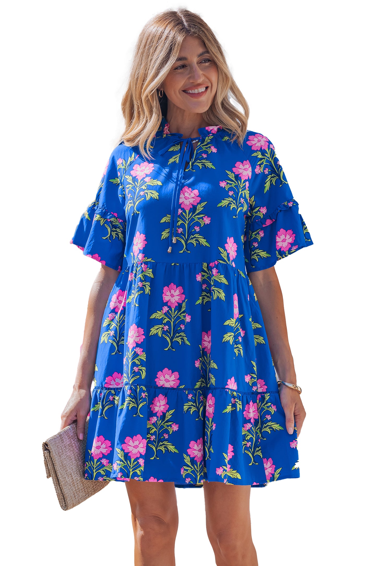 Blue V Neck Short Sleeve Loose Flower Dress-TOPS / DRESSES-[Adult]-[Female]-2022 Online Blue Zone Planet