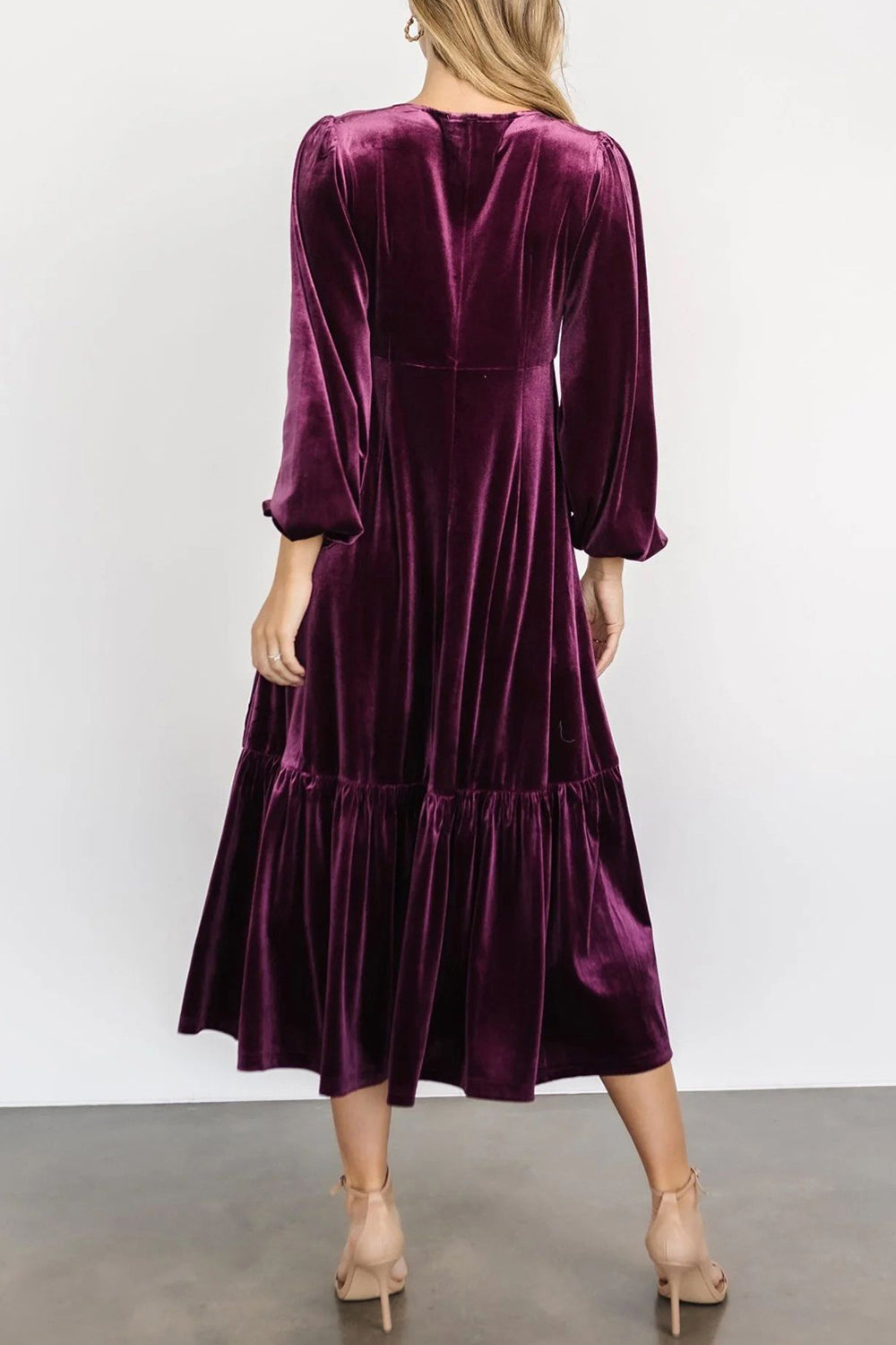 V-Neck Long Sleeve Midi Velvet Dress-TOPS / DRESSES-[Adult]-[Female]-2022 Online Blue Zone Planet