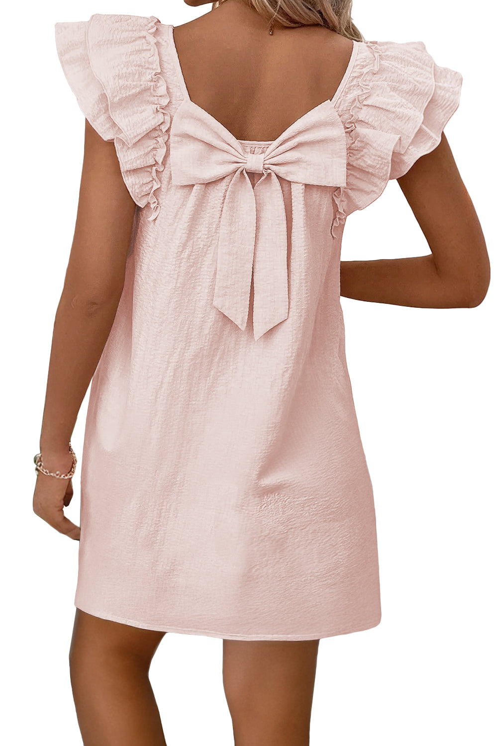 Light Pink Textured Flutter Sleeve Square Neck Bow Back Mini Dress-TOPS / DRESSES-[Adult]-[Female]-2022 Online Blue Zone Planet