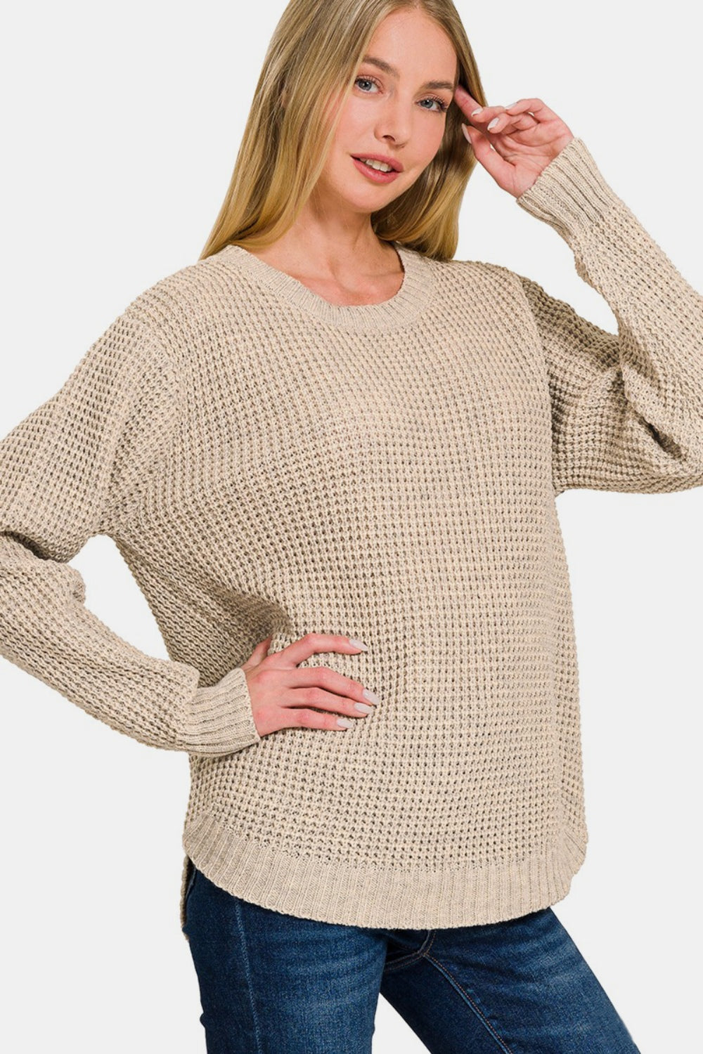 Zenana High Low Long Sleeve Waffle Sweater-TOPS / DRESSES-[Adult]-[Female]-H Beige-S-2022 Online Blue Zone Planet