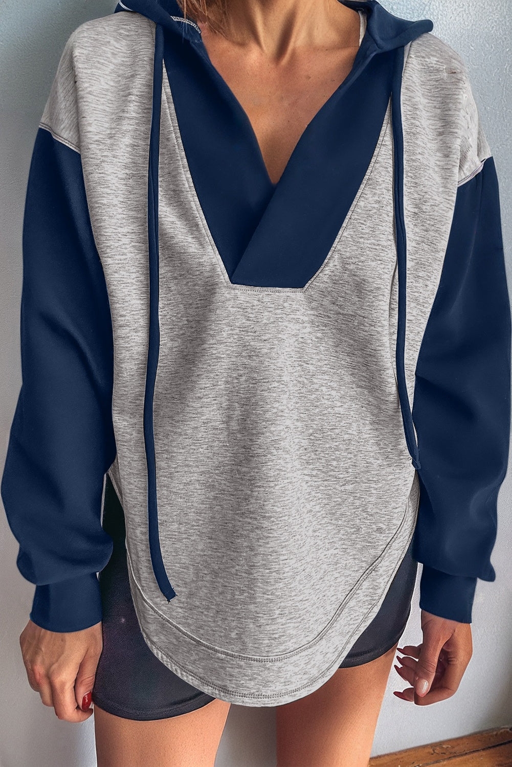 Light Grey Color Block Patchwork V Neck Drawstring Hoodie-Tops / Dresses-[Adult]-[Female]-Light Grey-S-2022 Online Blue Zone Planet