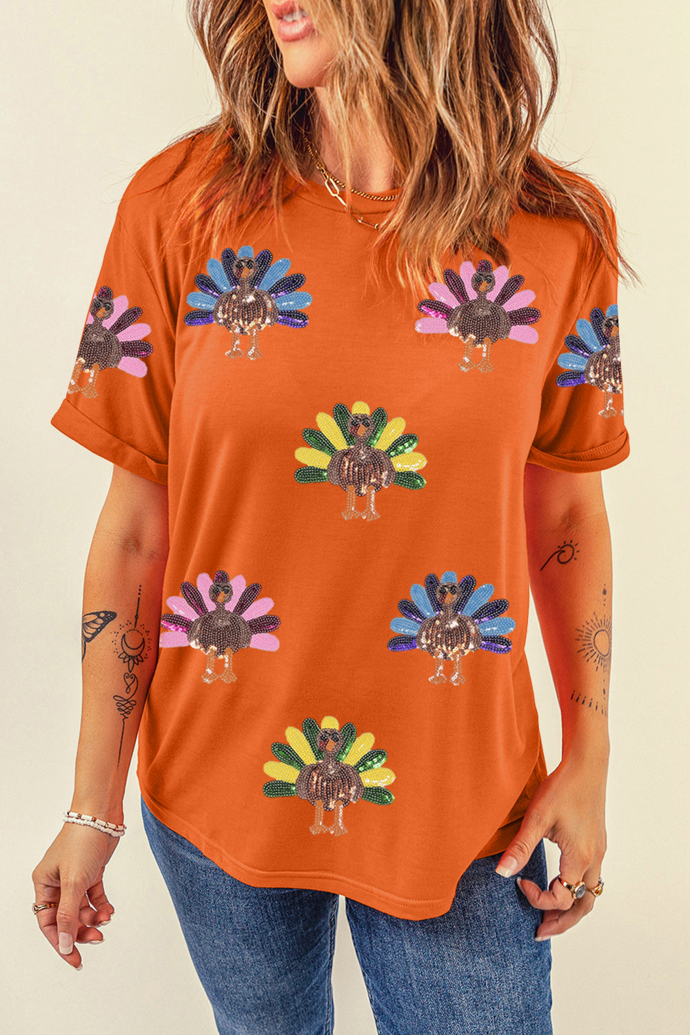 Orange Colorful Turkey Thanksgiving Graphic Tee-Graphic/Graphic Tees-[Adult]-[Female]-2022 Online Blue Zone Planet