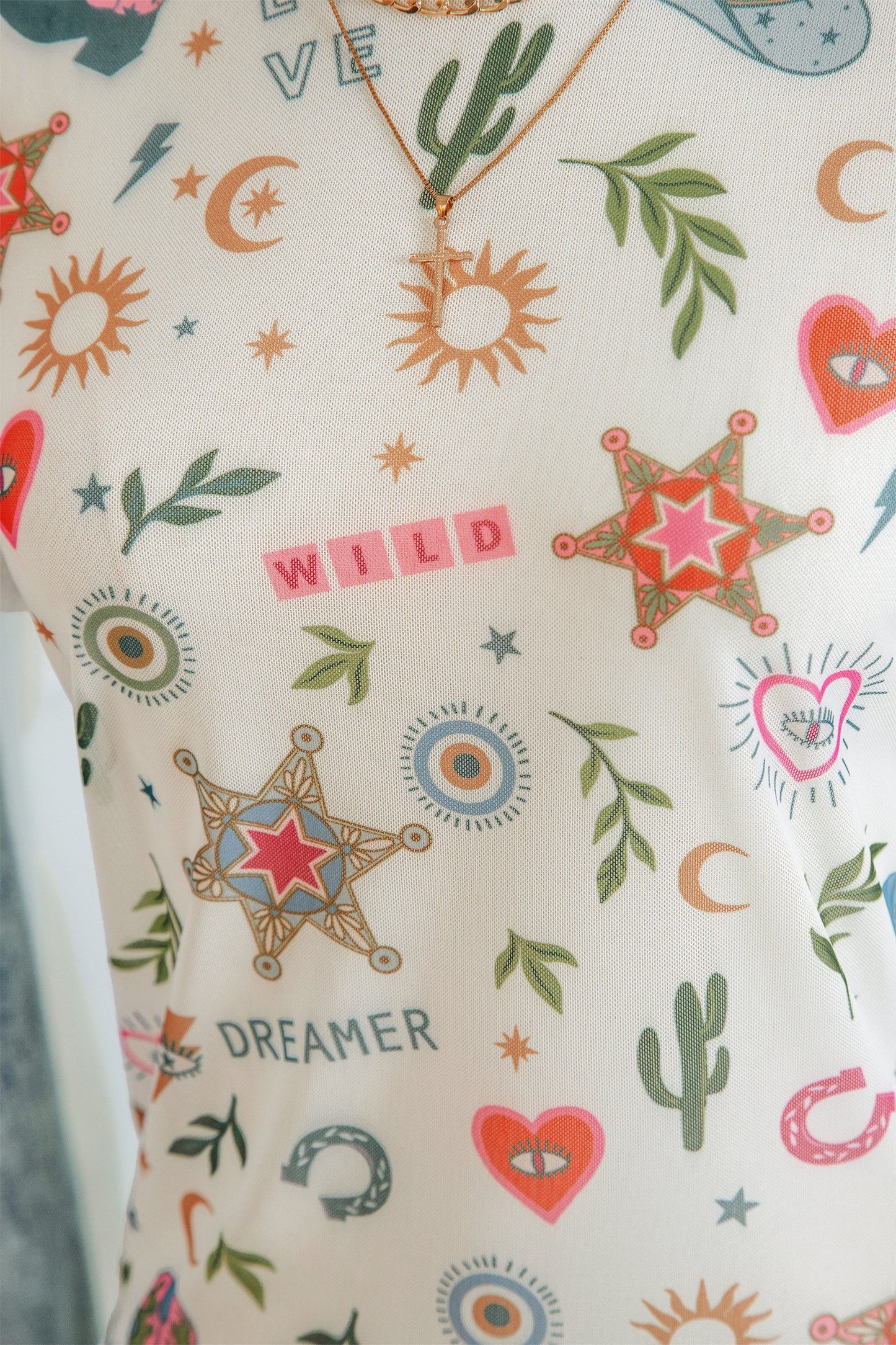 White Love Wild Dreamer Western Print Sheer Mesh Top-Tops/Tops & Tees-[Adult]-[Female]-2022 Online Blue Zone Planet