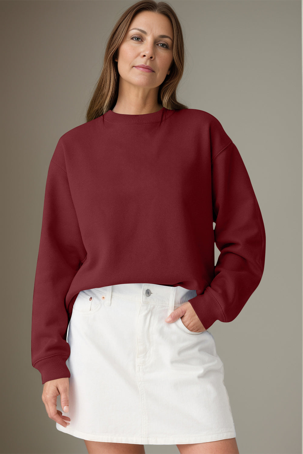 Blue Zone Planet | Round Neck Long Sleeve Sweatshirt-TOPS / DRESSES-[Adult]-[Female]-Burgundy-S-2022 Online Blue Zone Planet