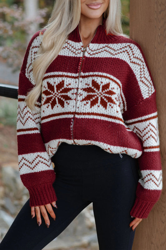 Red Geometric Pattern Zip-Up Knit Long Sleeve Regular Fit Cardigan-TOPS / DRESSES-[Adult]-[Female]-Red-S-2022 Online Blue Zone Planet