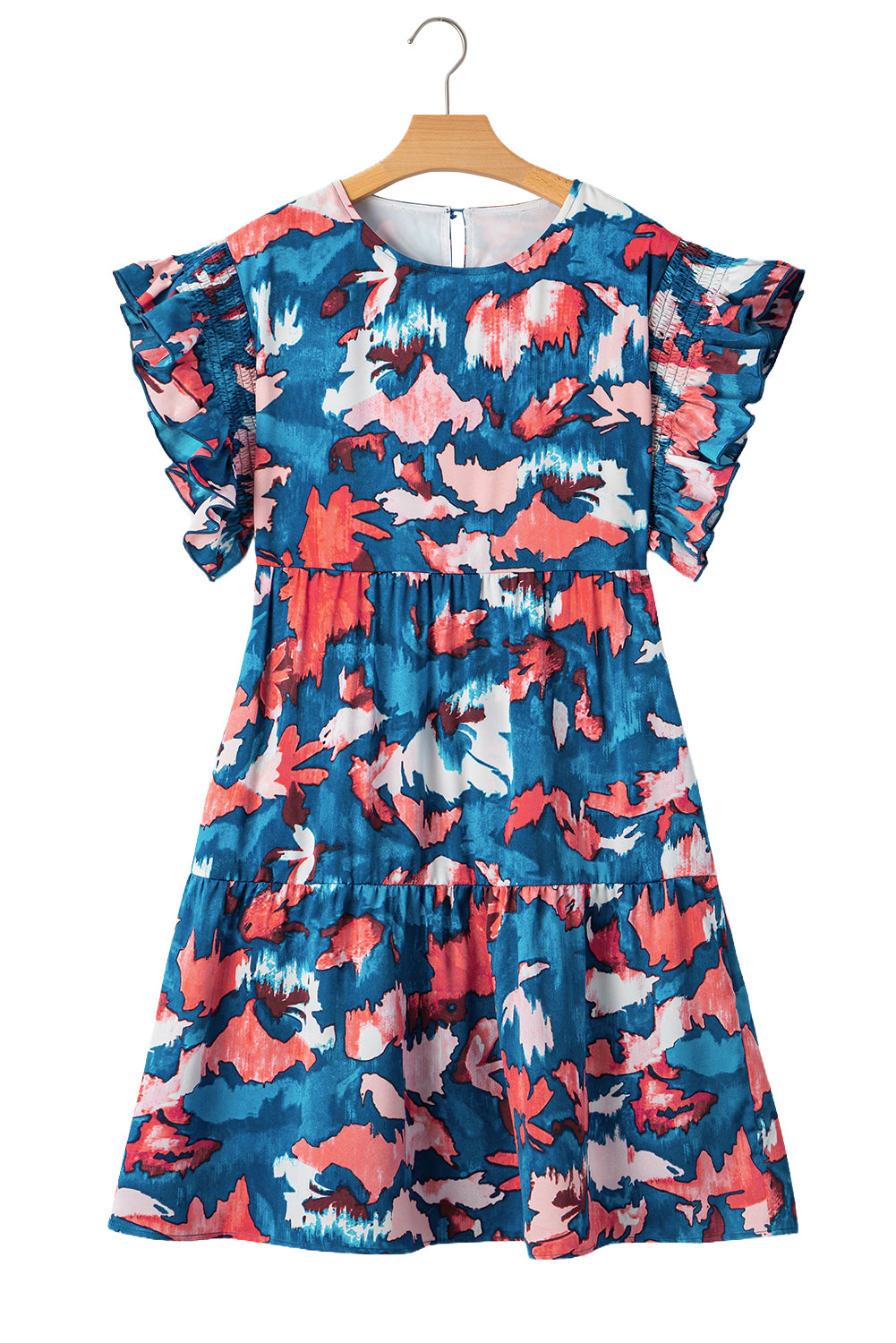 Blue Abstract Print Shirred Ruffled Short Sleeve Tiered Plus Size Mini Dress-TOPS / DRESSES-[Adult]-[Female]-2022 Online Blue Zone Planet