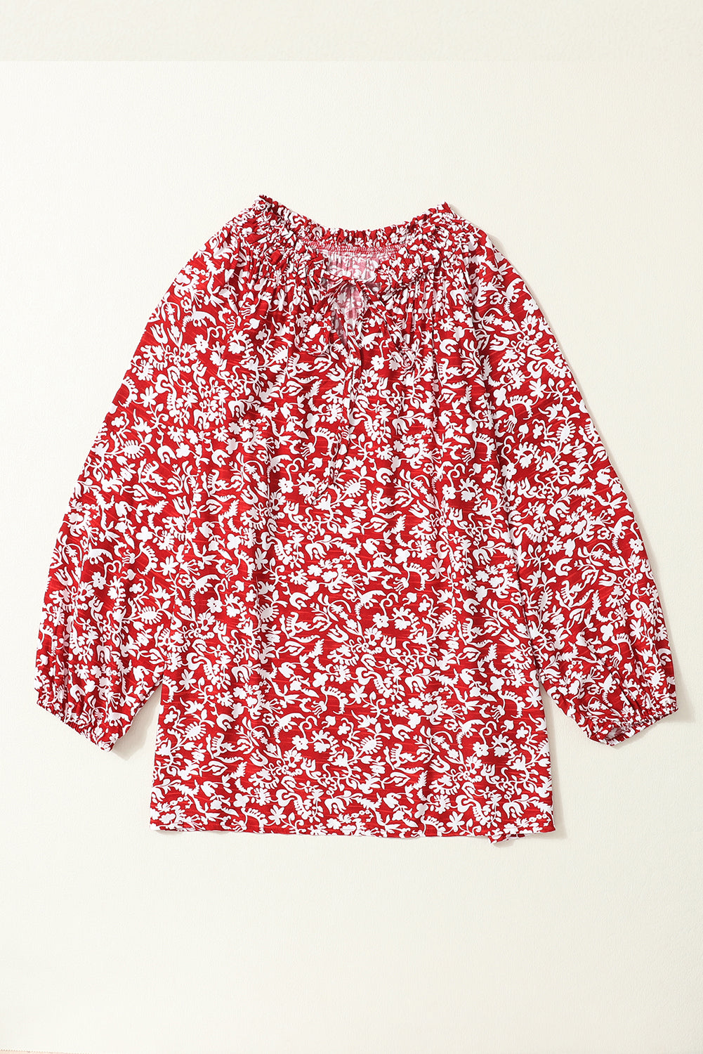 Burgundy Floral Print Smocked Tie Neck Blouse-Sale (50% OFF)/30% OFF-[Adult]-[Female]-2022 Online Blue Zone Planet