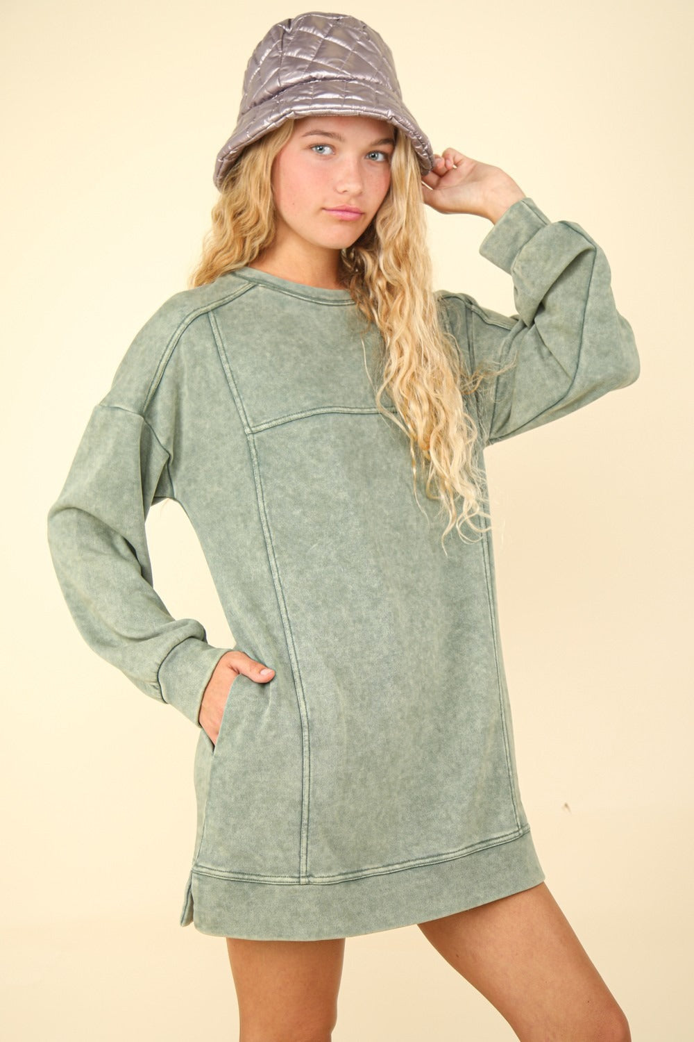 VERY J Mineral Washed Oversized Sweatshirt Mini Dress-TOPS / DRESSES-[Adult]-[Female]-Sage-S-2022 Online Blue Zone Planet