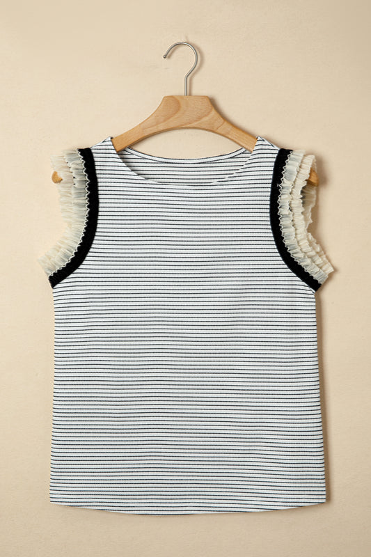 Black Stripe Contrasted Ruffle Trim Casual Tank Top-Tops/Tank Tops-[Adult]-[Female]-2022 Online Blue Zone Planet
