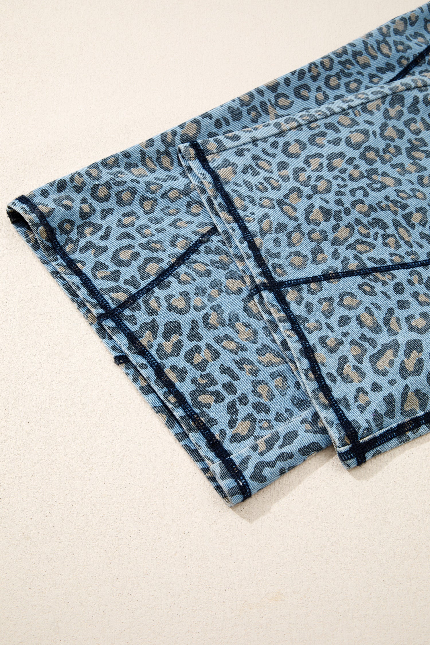 Blue Leopard Print Exposed Seam Detail Wide Leg Drawstring Jeans-Bottoms/Jeans-[Adult]-[Female]-2022 Online Blue Zone Planet