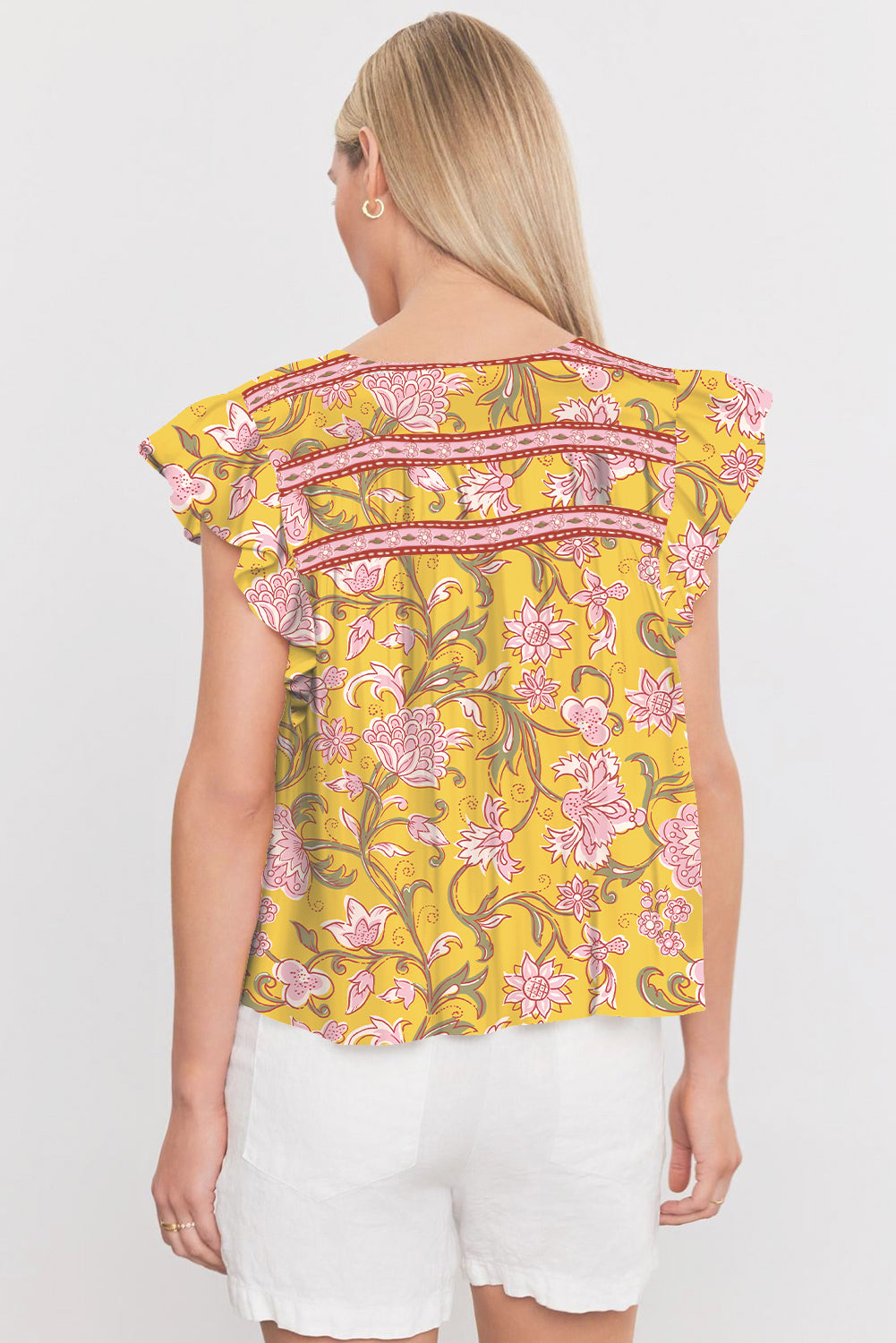 Yellow Floral Notched Neck Ruffled Sleeve Casual Blouse-Tops/Blouses & Shirts-[Adult]-[Female]-2022 Online Blue Zone Planet