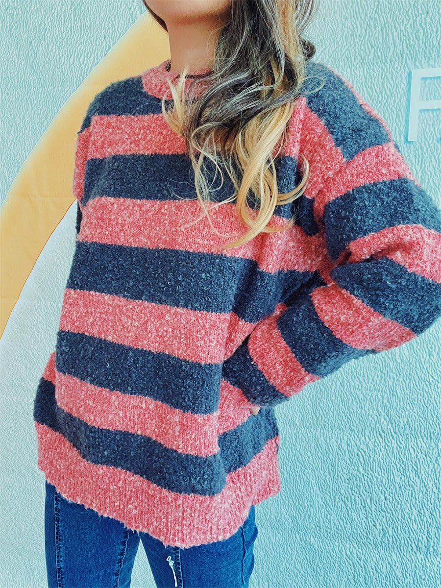 Blue Zone Planet | Striped Round Neck Long Sleeve Sweater-TOPS / DRESSES-[Adult]-[Female]-2022 Online Blue Zone Planet