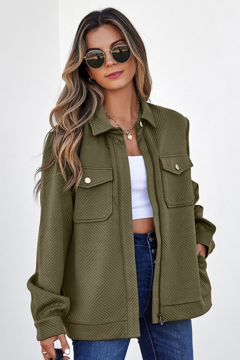 White Solid Color Zip Up Button Flap Pocket Shirt Collar Jackets-Outerwear/Jackets-[Adult]-[Female]-Blackish Green-S-2022 Online Blue Zone Planet