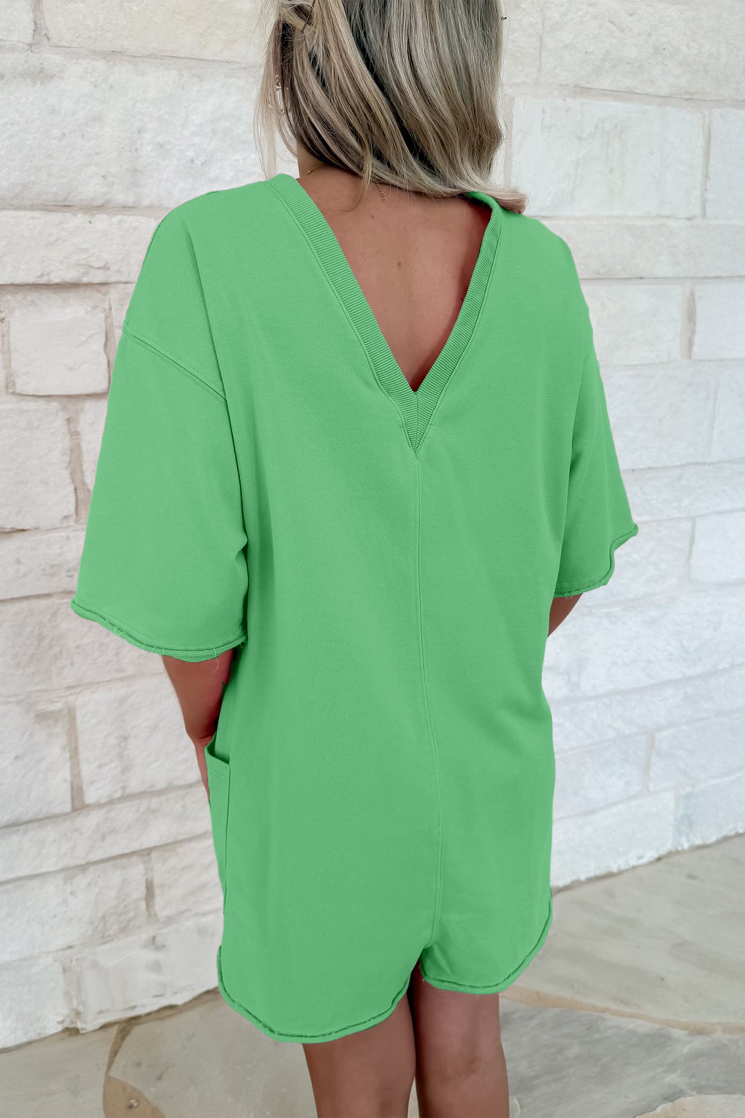 Bright Green Solid Color Raw Edge Half Sleeve Pocketed Loose Romper-Bottoms/Jumpsuits & Rompers-[Adult]-[Female]-2022 Online Blue Zone Planet