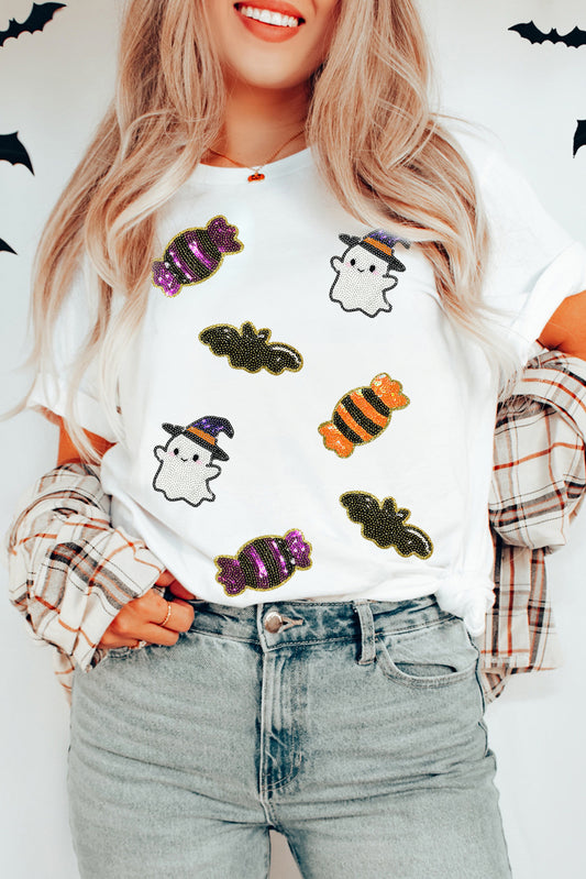 White Sequined Halloween Spirit Pattern Patched Custom Casual Tee-Graphic/Graphic Tees-[Adult]-[Female]-White-S-2022 Online Blue Zone Planet