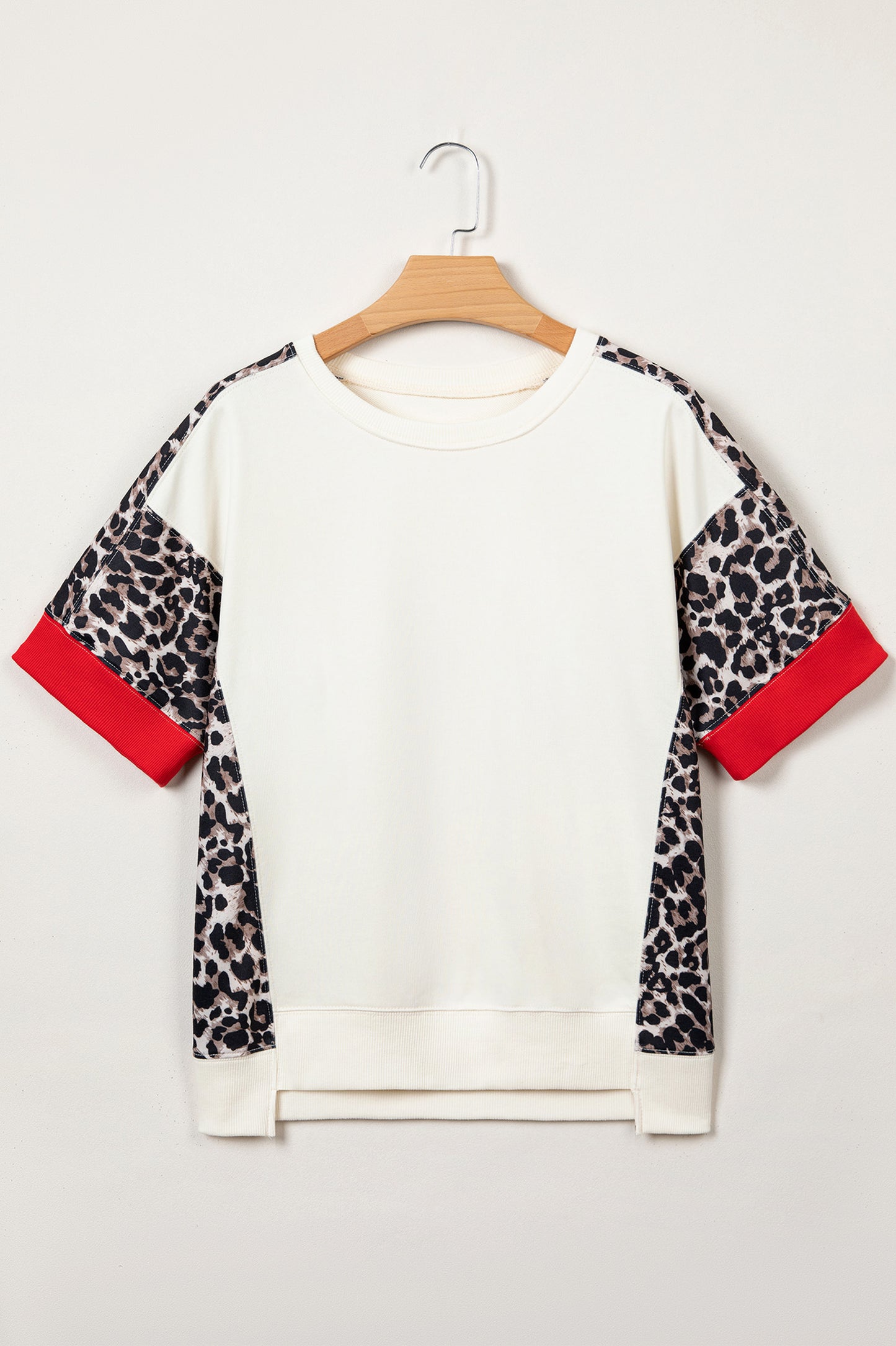 Beige Leopard Block Patchwork Uneven Hem Short Sleeve Top-Tops/Tops & Tees-[Adult]-[Female]-2022 Online Blue Zone Planet