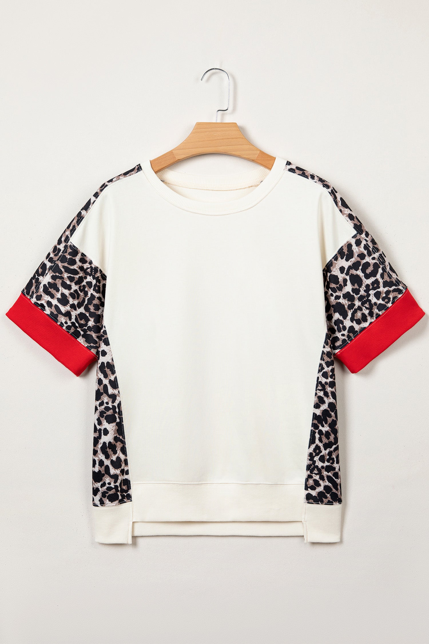 Beige Leopard Block Patchwork Uneven Hem Short Sleeve Top-Tops/Tops & Tees-[Adult]-[Female]-2022 Online Blue Zone Planet