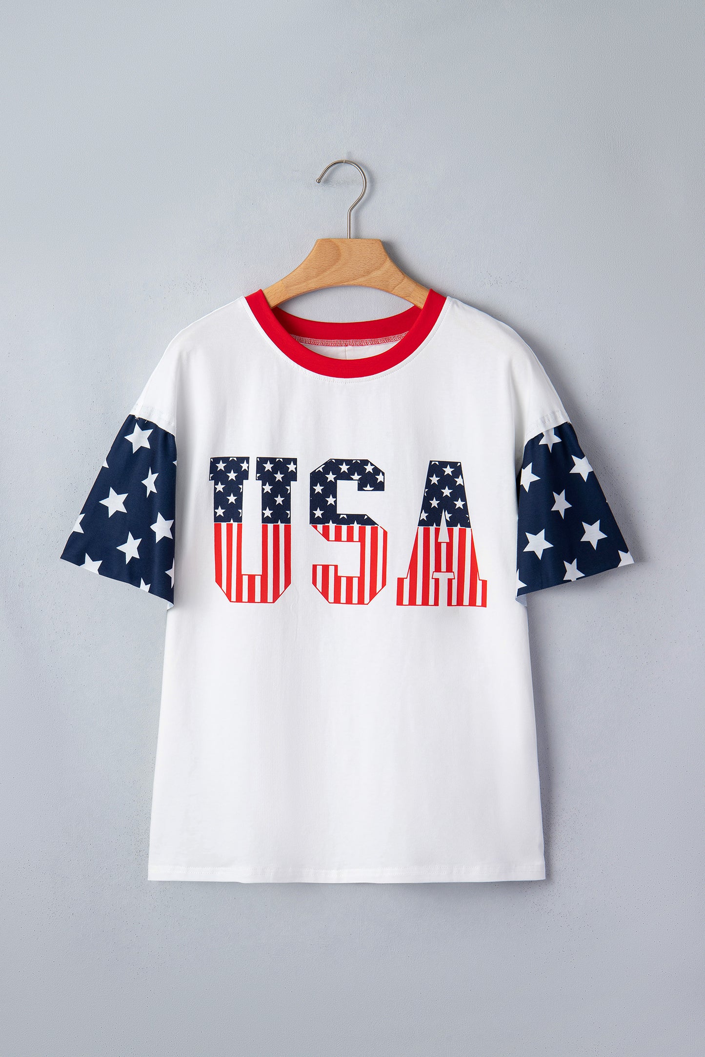Jet Stream Flag Print Usa Graphic Patchwork Casual Tee-Tops/Tops & Tees-[Adult]-[Female]-2022 Online Blue Zone Planet