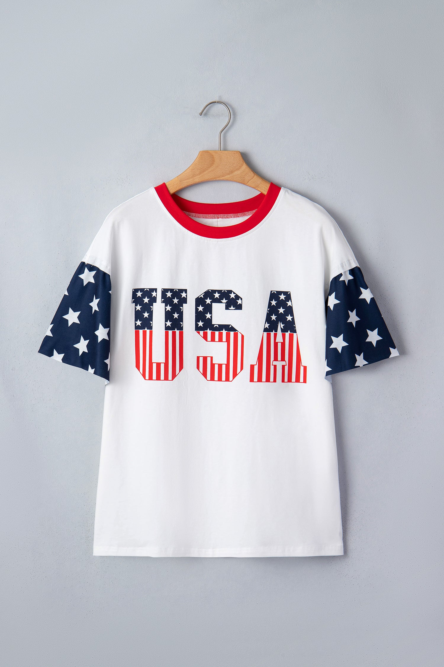 Jet Stream Flag Print Usa Graphic Patchwork Casual Tee-Tops/Tops & Tees-[Adult]-[Female]-2022 Online Blue Zone Planet