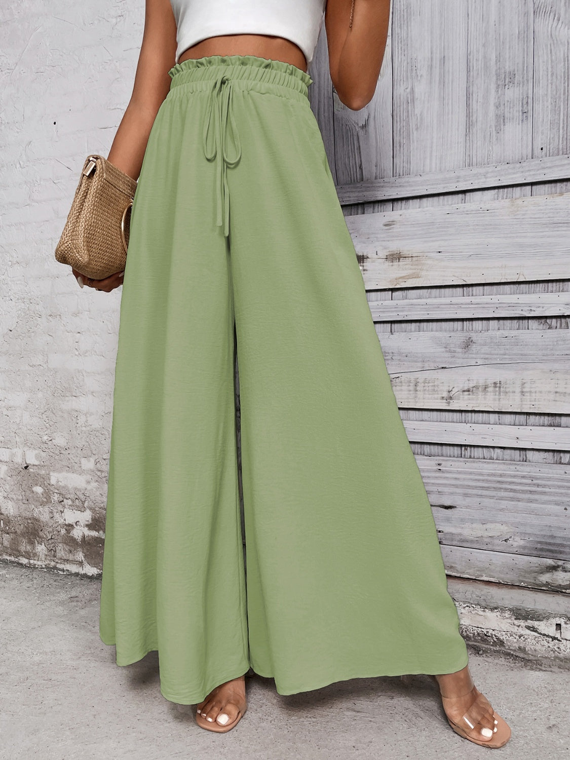 Honey Tied High Waist Wide Leg Pants-BOTTOMS SIZES SMALL MEDIUM LARGE-[Adult]-[Female]-Light Green-S-2022 Online Blue Zone Planet